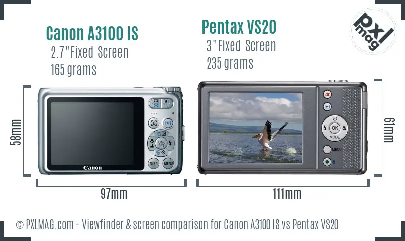 Canon A3100 IS vs Pentax VS20 Screen and Viewfinder comparison