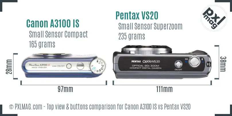 Canon A3100 IS vs Pentax VS20 top view buttons comparison