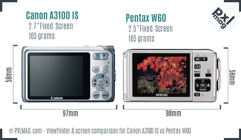 Canon A3100 IS vs Pentax W60 Screen and Viewfinder comparison