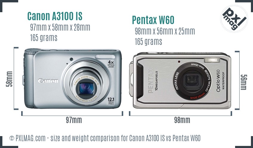 Canon A3100 IS vs Pentax W60 size comparison
