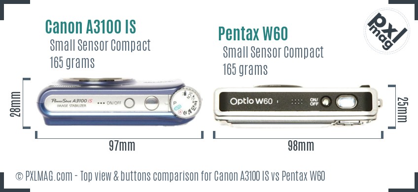 Canon A3100 IS vs Pentax W60 top view buttons comparison