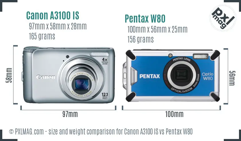 Canon A3100 IS vs Pentax W80 size comparison