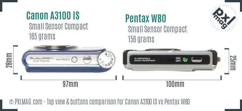 Canon A3100 IS vs Pentax W80 top view buttons comparison
