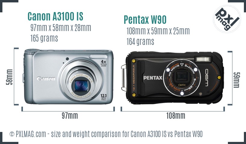 Canon A3100 IS vs Pentax W90 size comparison Canon A3100 IS vs Pentax W90 size comparison