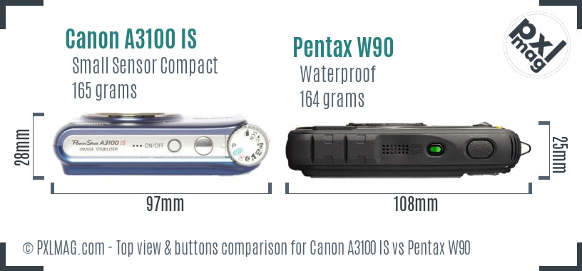 Canon A3100 IS vs Pentax W90 top view buttons comparison
