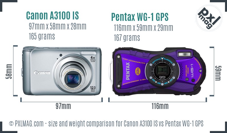 Canon A3100 IS vs Pentax WG-1 GPS size comparison