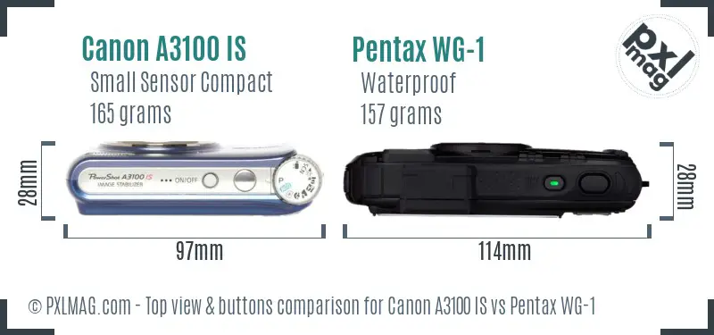 Canon A3100 IS vs Pentax WG-1 top view buttons comparison Canon A3100 IS vs Pentax WG-1 top view buttons comparison