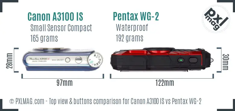 Canon A3100 IS vs Pentax WG-2 top view buttons comparison