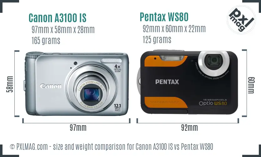 Canon A3100 IS vs Pentax WS80 size comparison Canon A3100 IS vs Pentax WS80 size comparison