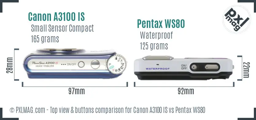 Canon A3100 IS vs Pentax WS80 top view buttons comparison Canon A3100 IS vs Pentax WS80 top view buttons comparison
