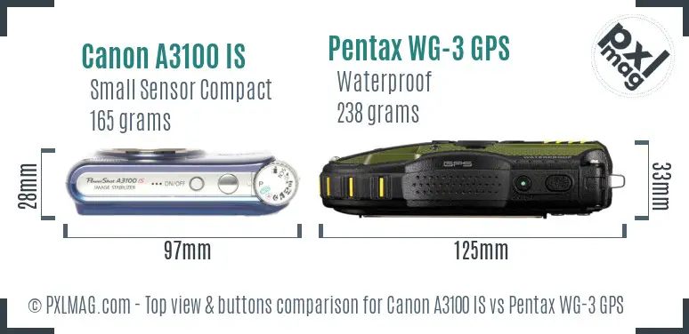 Canon A3100 IS vs Pentax WG-3 GPS top view buttons comparison