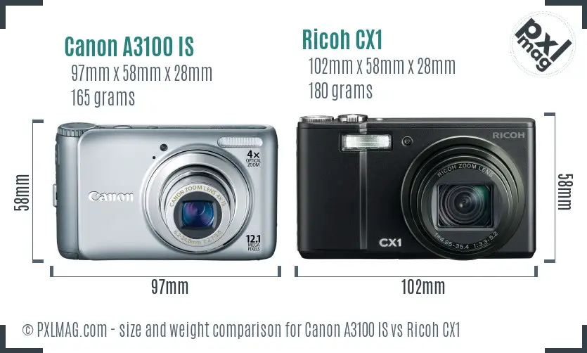 Canon A3100 IS vs Ricoh CX1 size comparison