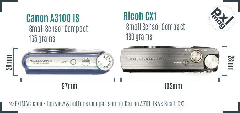 Canon A3100 IS vs Ricoh CX1 top view buttons comparison