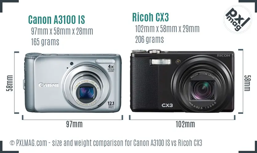 Canon A3100 IS vs Ricoh CX3 size comparison