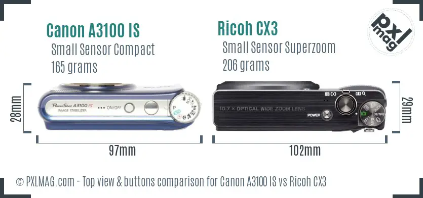 Canon A3100 IS vs Ricoh CX3 top view buttons comparison