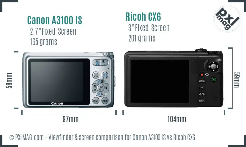 Canon A3100 IS vs Ricoh CX6 Screen and Viewfinder comparison
