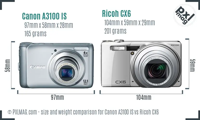 Canon A3100 IS vs Ricoh CX6 size comparison