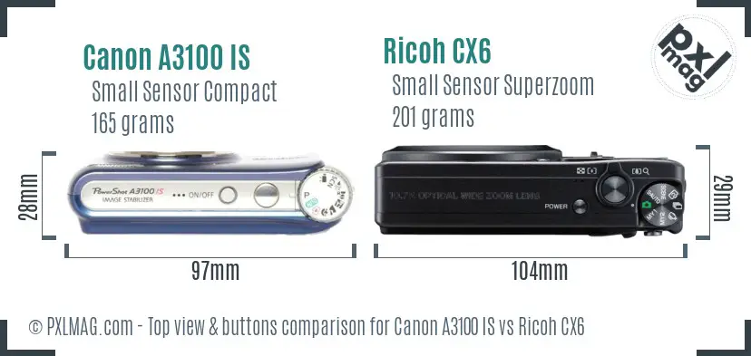 Canon A3100 IS vs Ricoh CX6 top view buttons comparison
