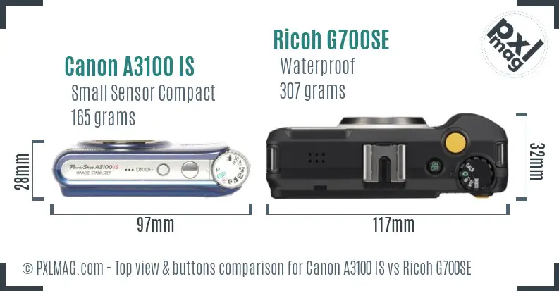 Canon A3100 IS vs Ricoh G700SE top view buttons comparison