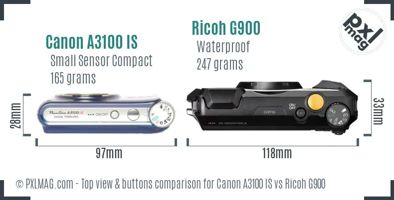 Canon A3100 IS vs Ricoh G900 top view buttons comparison