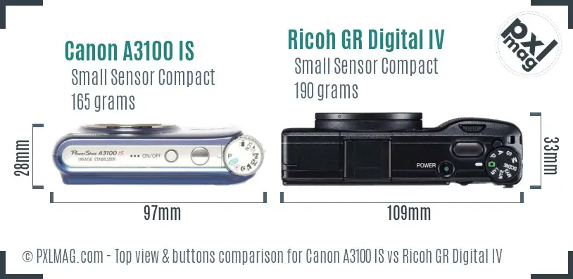 Canon A3100 IS vs Ricoh GR Digital IV top view buttons comparison