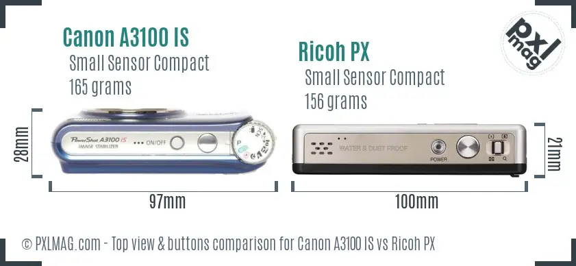 Canon A3100 IS vs Ricoh PX top view buttons comparison