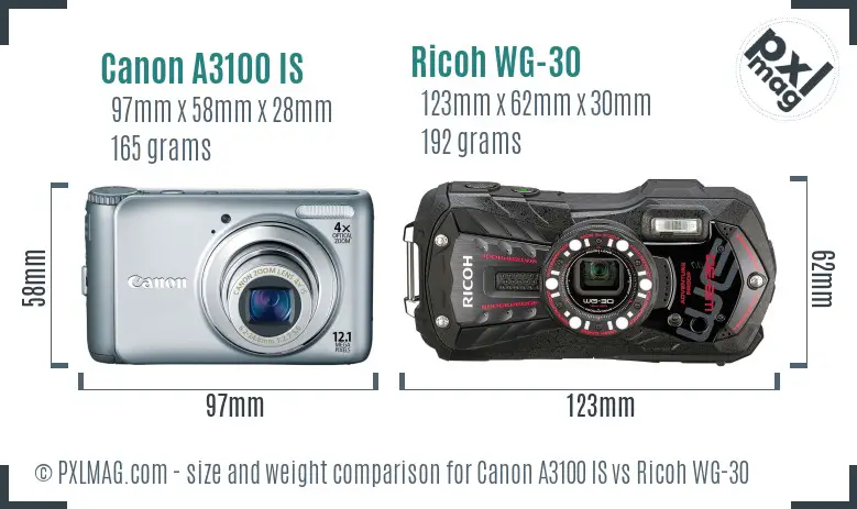 Canon A3100 IS vs Ricoh WG-30 size comparison