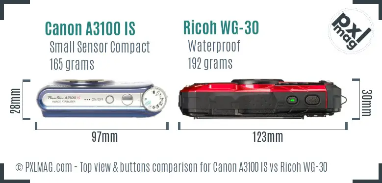 Canon A3100 IS vs Ricoh WG-30 top view buttons comparison