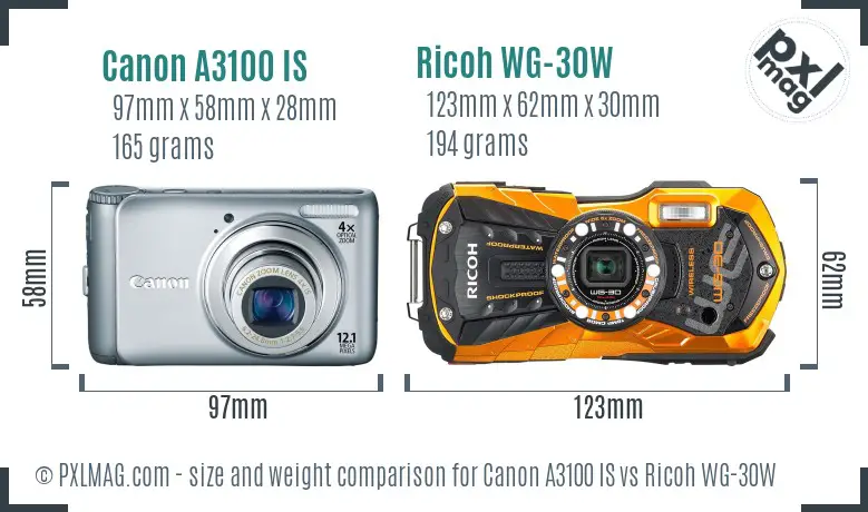 Canon A3100 IS vs Ricoh WG-30W size comparison