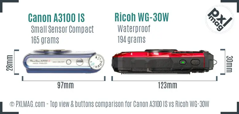 Canon A3100 IS vs Ricoh WG-30W top view buttons comparison