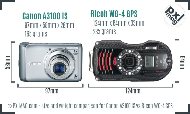 Canon A3100 IS vs Ricoh WG-4 GPS size comparison
