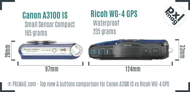 Canon A3100 IS vs Ricoh WG-4 GPS top view buttons comparison