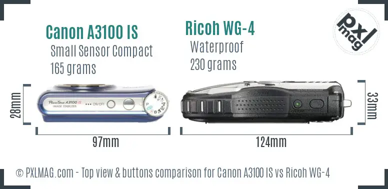 Canon A3100 IS vs Ricoh WG-4 top view buttons comparison