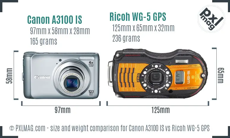 Canon A3100 IS vs Ricoh WG-5 GPS size comparison