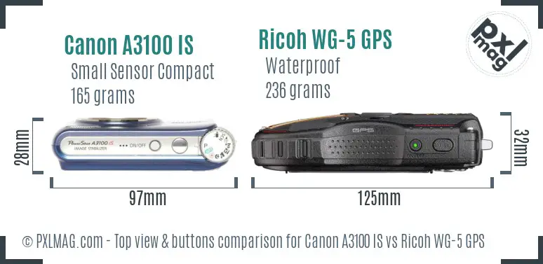Canon A3100 IS vs Ricoh WG-5 GPS top view buttons comparison