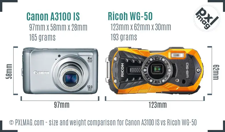 Canon A3100 IS vs Ricoh WG-50 size comparison