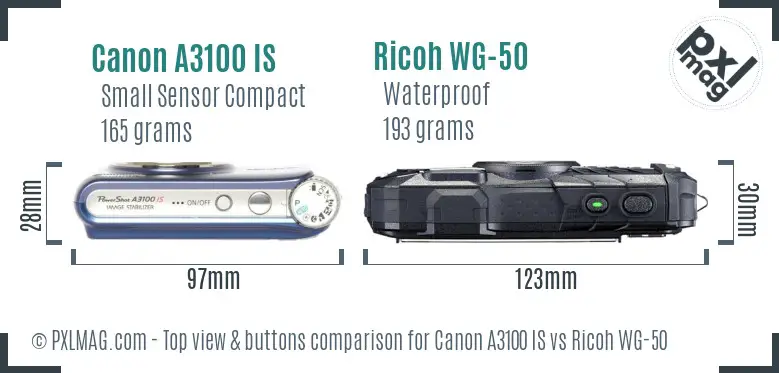 Canon A3100 IS vs Ricoh WG-50 top view buttons comparison