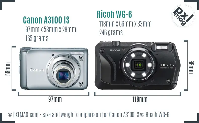 Canon A3100 IS vs Ricoh WG-6 size comparison