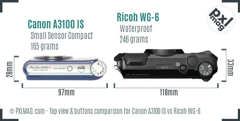 Canon A3100 IS vs Ricoh WG-6 top view buttons comparison