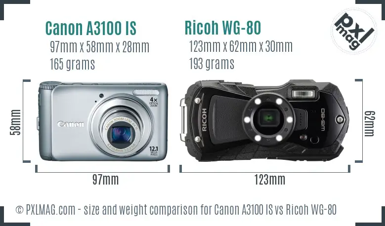 Canon A3100 IS vs Ricoh WG-80 size comparison