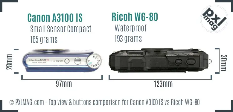 Canon A3100 IS vs Ricoh WG-80 top view buttons comparison