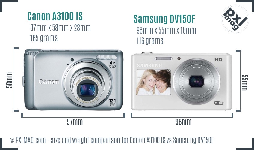 Canon A3100 IS vs Samsung DV150F size comparison