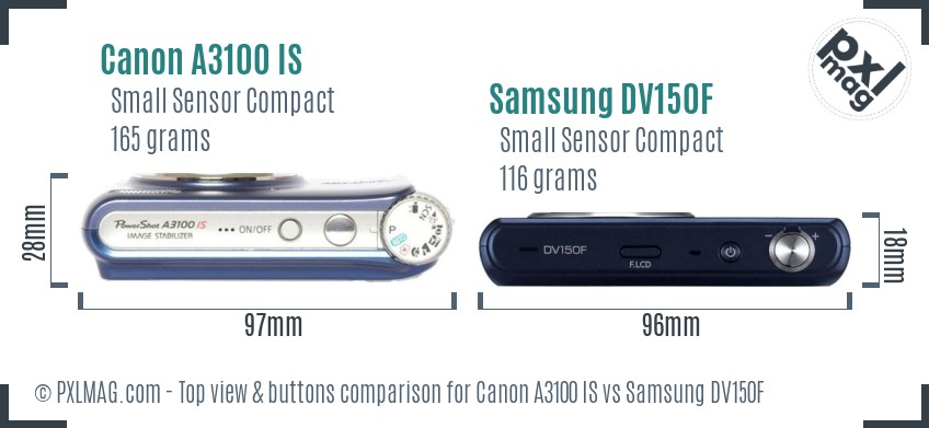 Canon A3100 IS vs Samsung DV150F top view buttons comparison