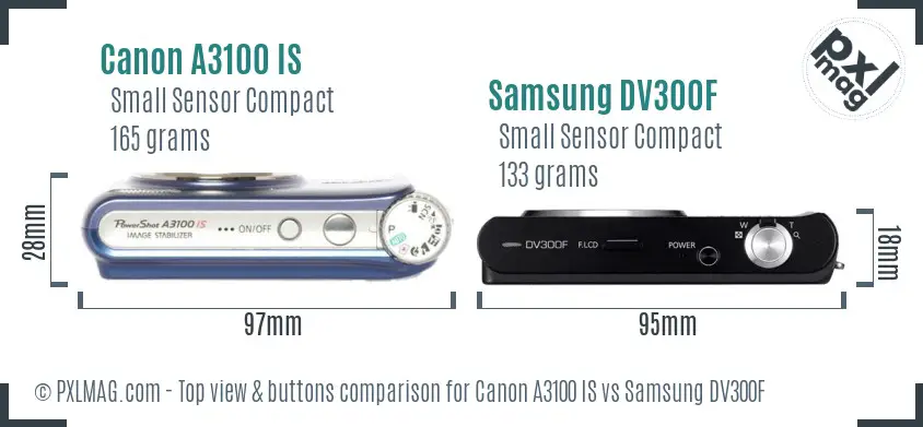Canon A3100 IS vs Samsung DV300F top view buttons comparison