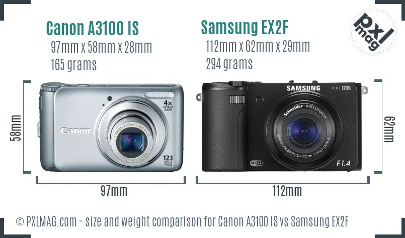 Canon A3100 IS vs Samsung EX2F size comparison