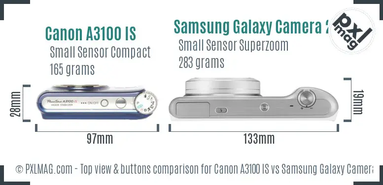 Canon A3100 IS vs Samsung Galaxy Camera 2 top view buttons comparison