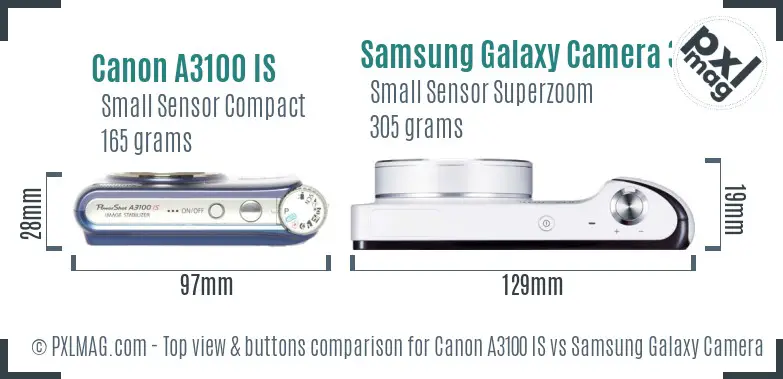 Canon A3100 IS vs Samsung Galaxy Camera 3G top view buttons comparison Canon A3100 IS vs Samsung Galaxy Camera 3G top view buttons comparison