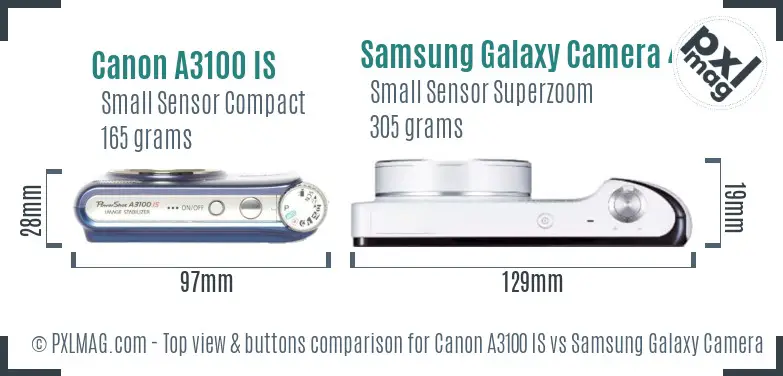 Canon A3100 IS vs Samsung Galaxy Camera 4G top view buttons comparison