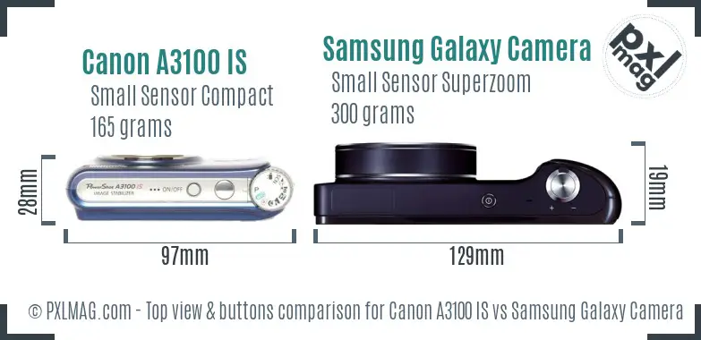 Canon A3100 IS vs Samsung Galaxy Camera top view buttons comparison Canon A3100 IS vs Samsung Galaxy Camera top view buttons comparison