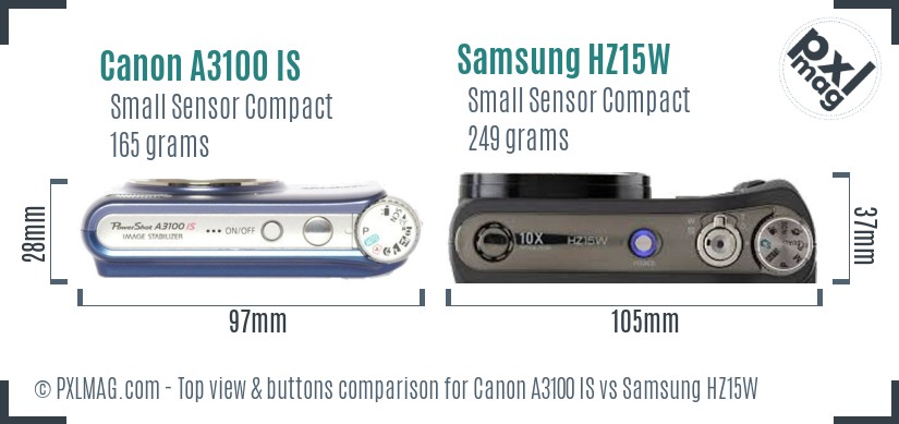 Canon A3100 IS vs Samsung HZ15W top view buttons comparison